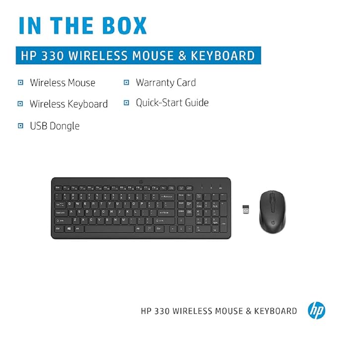 HP 330 Wireless Black Keyboard and Mouse Set with Numeric Keypad, 2.4GHz Wireless Connection and 1600 DPI, USB Receiver, LED Indicators, 3 Years Warranty, Black