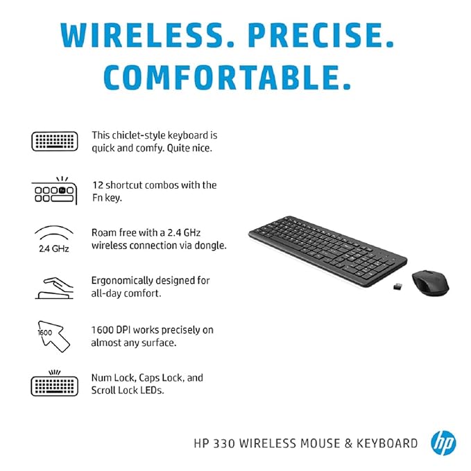 HP 330 Wireless Black Keyboard and Mouse Set with Numeric Keypad, 2.4GHz Wireless Connection and 1600 DPI, USB Receiver, LED Indicators, 3 Years Warranty, Black