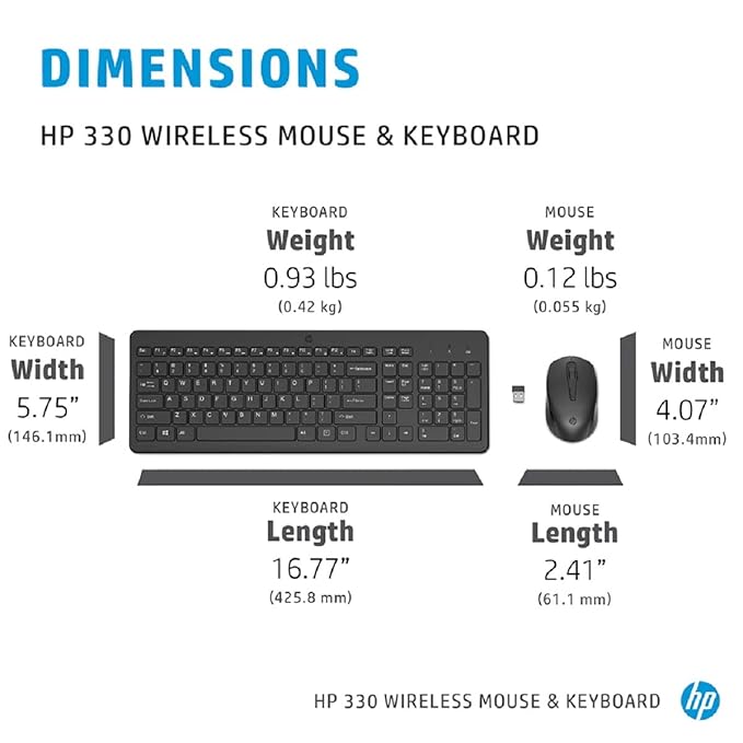 HP 330 Wireless Black Keyboard and Mouse Set with Numeric Keypad, 2.4GHz Wireless Connection and 1600 DPI, USB Receiver, LED Indicators, 3 Years Warranty, Black