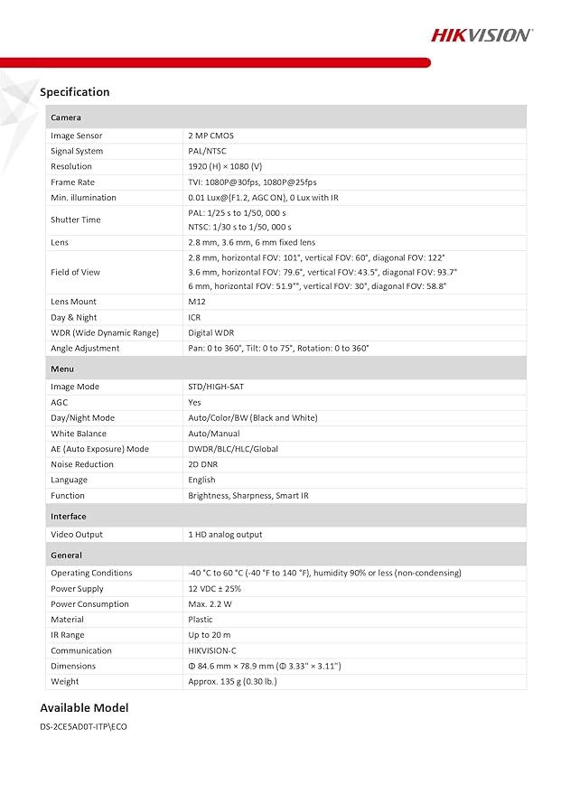 HIKVISION 2 MP HD CAMERA DS-2CE5AD0T-ITP
